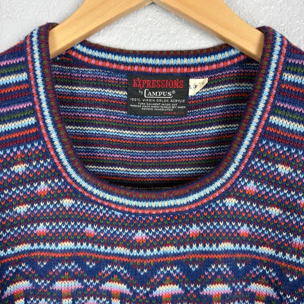 Vintage Mushroom Fair Isle Blue Knit Sweater Vest 70s 80s Eclectic Grandpa Blue - Picture 2 of 8